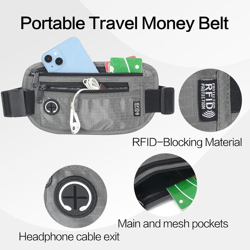 Arouselove Slim RFID Blocking Money Belt for Travel - Anti-Theft Hidden Passport Holder Waist Wallet with Secure Pouch for Cash, Credit Cards & Phone Safe (Grey) - Image 2